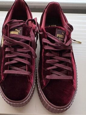 Puma Burgundy Velvet Platform Sneakers with Gold Logo